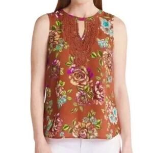 Daniel Rainn Quin Floral Lace Trim Keyhole Tank - Brown NWT Size Small